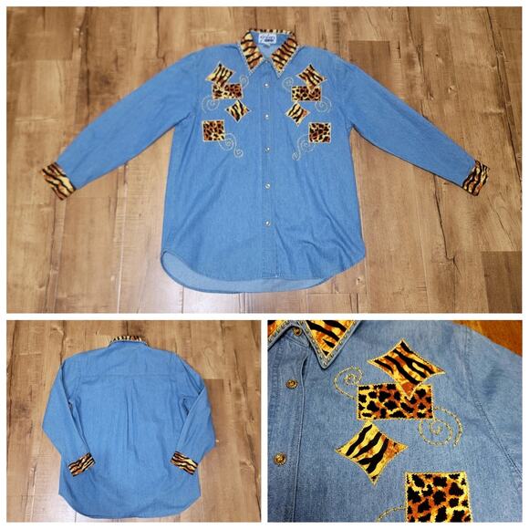 Vtg Silver Plus Upcycled Denim Button-down Shirt - Picture 1 of 5